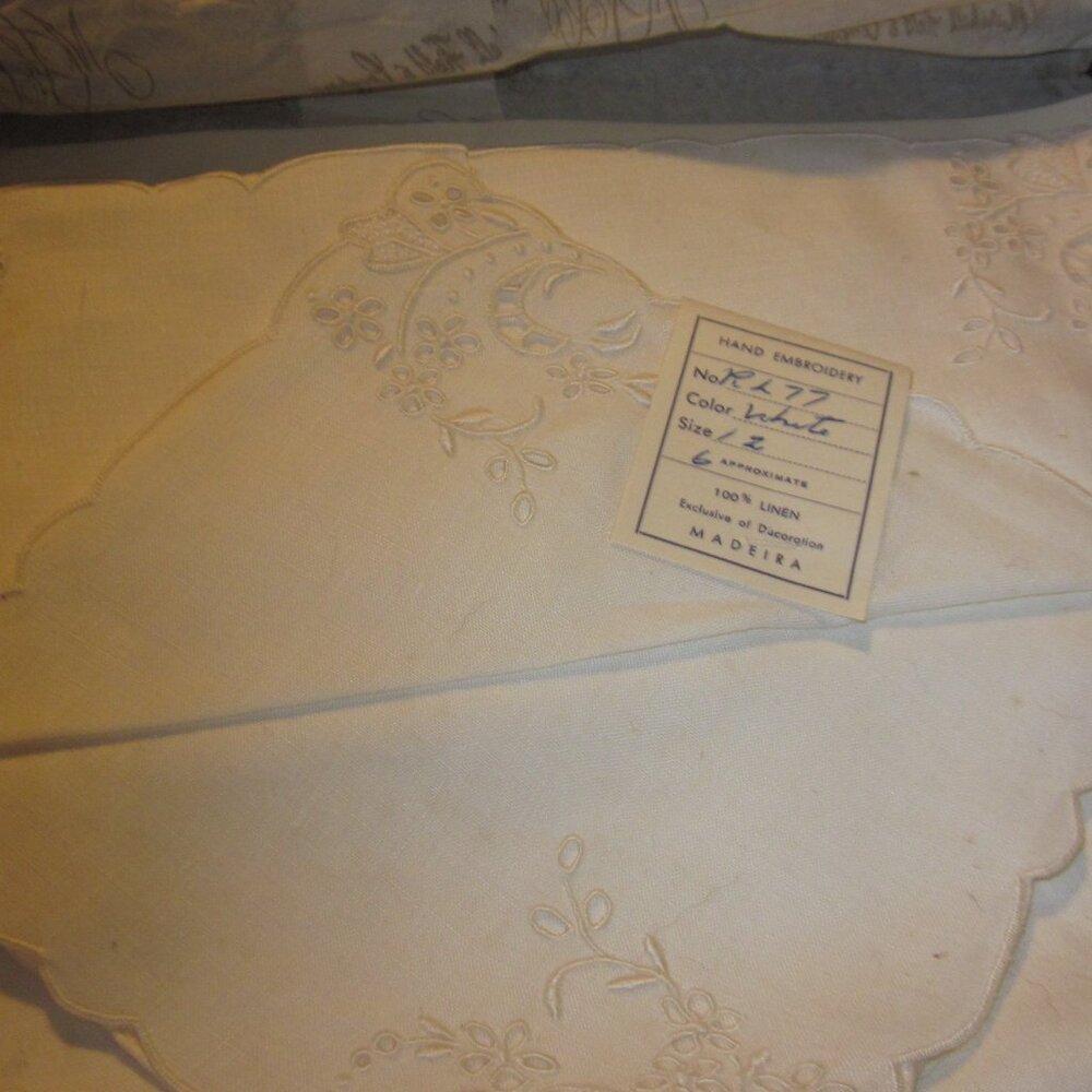 vtg 1955 Linen Marshall Fields Madeira 100 Linen Napkins 12 in lot of six NOS